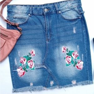 SAY WHAT? Embroidered distressed jean pencil skirt